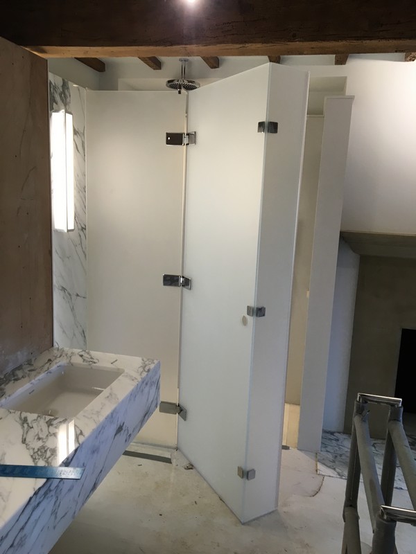 Bespoke frosted glass shower enclosure in Bayswater luxury bathroom